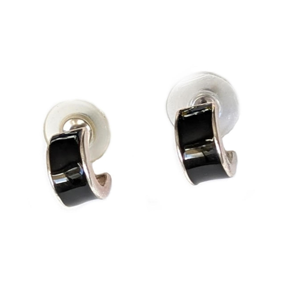 Vintage Onyx and Sterling tone half-hoop earrings